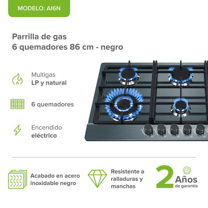 Parrilla de gas 6 quemadores 86 cm en acero inoxidable - negro