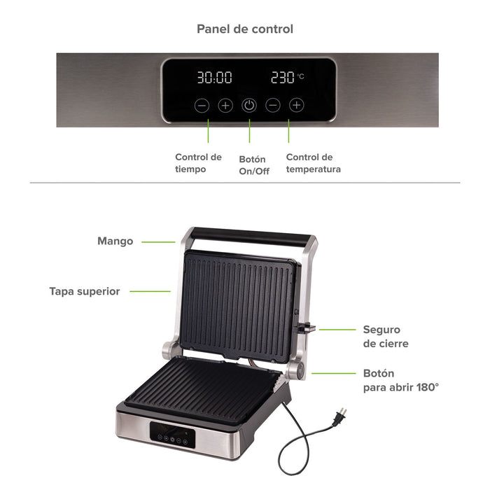 Parrilla grill 3 en 1 XL apertura 180° con placas intercambiables