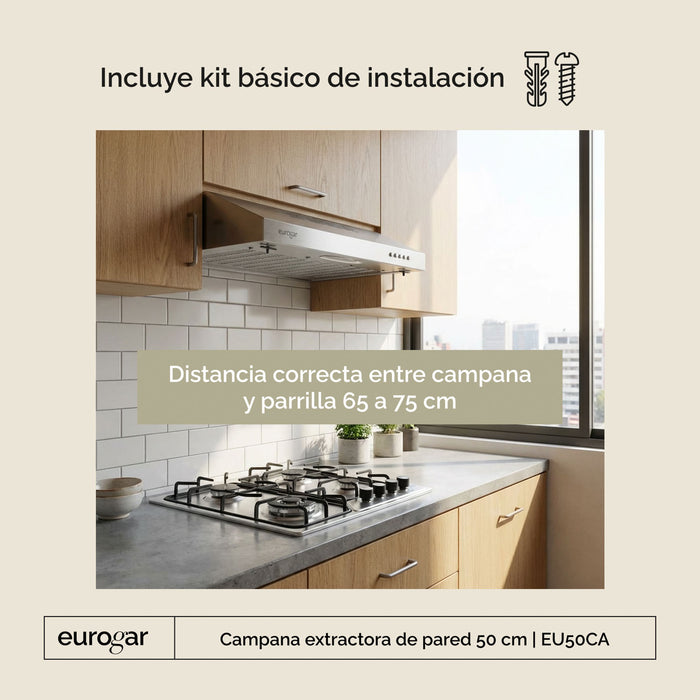 Campana de cocina de pared 50 cm, 180 m³/h de extracción, acero inoxidable - eurogar