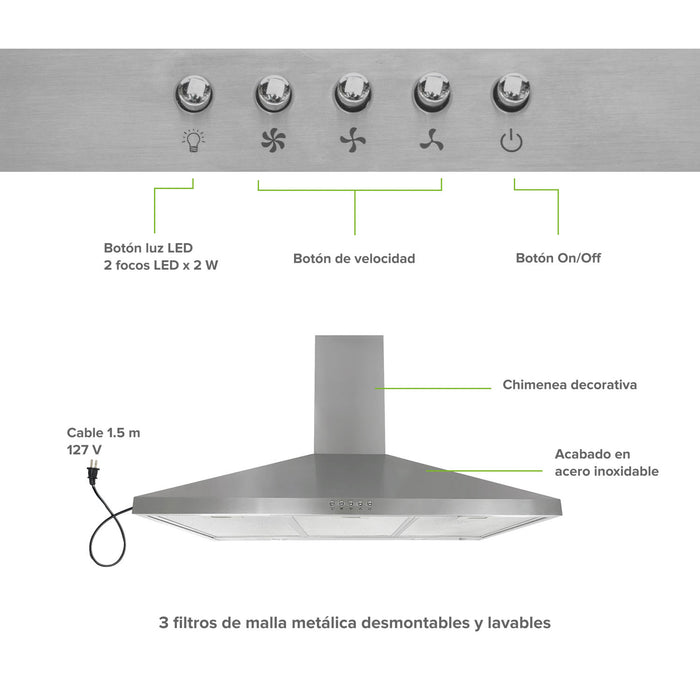 Campana de cocina de pared piramidal 76 cm en acero inoxidable, potencia motor 140 W