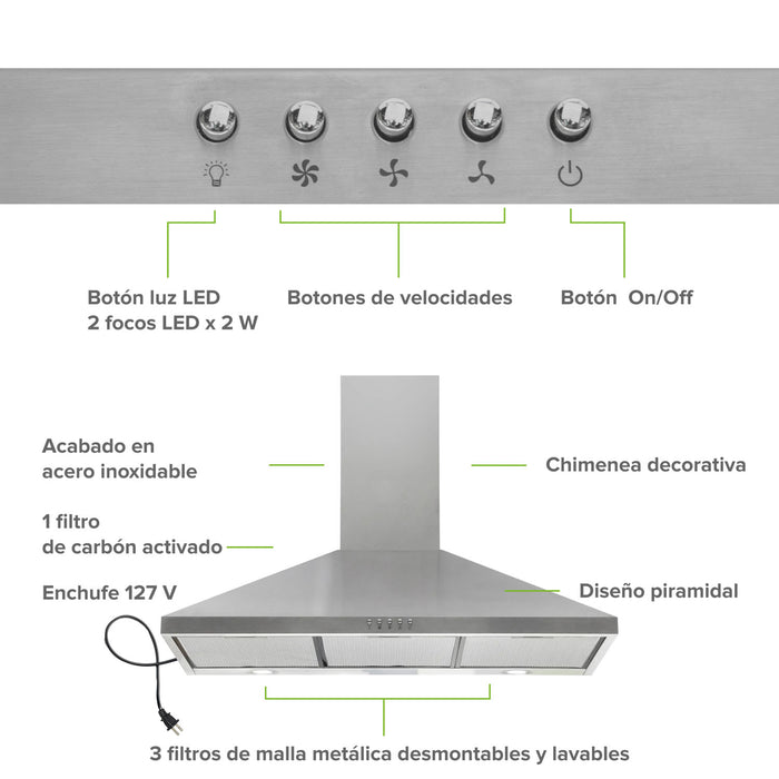 Campana de cocina de pared piramidal 90 cm en acero inoxidable
