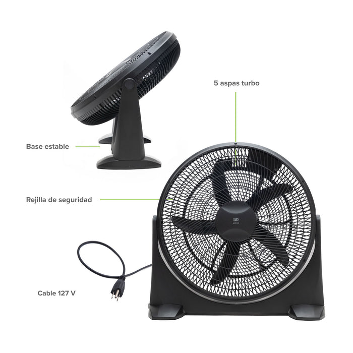 Ventilador de piso negro de 23 pulgadas con 5 aspas turbo, rejilla de seguridad y base estable ajustable.