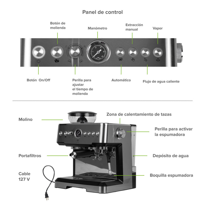 Máquina de café espresso 2.8L con molino, espumador y 19 bares de presión