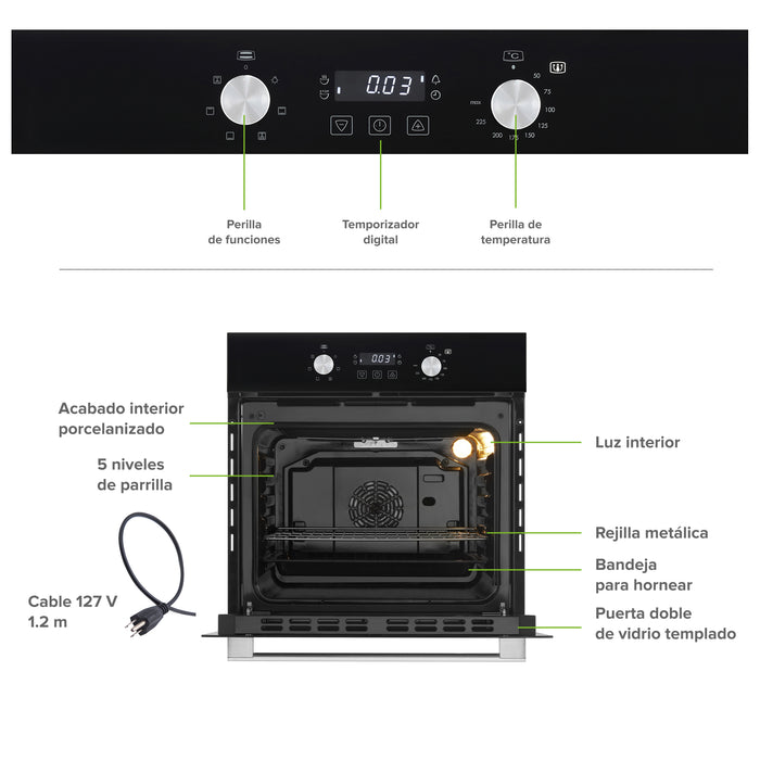 Horno empotrable eléctrico 67 L con temporizador digital y 6 funciones 1800 W 127 V