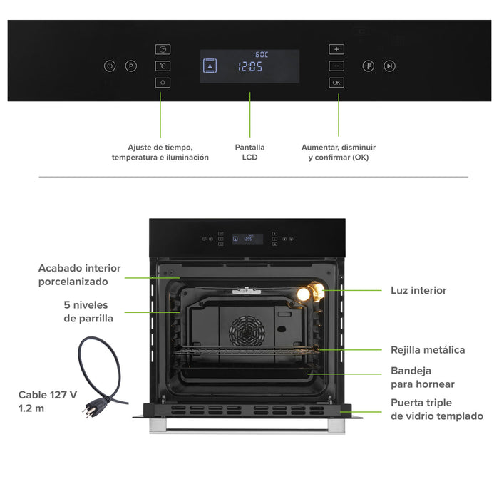 Horno empotrable eléctrico 67 L control táctil y 8 funciones 1800 W 127 V