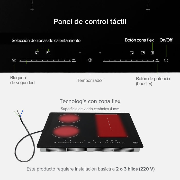 Parrilla de inducción 4 quemadores 1 zona flex 59 cm con función booster 7000 - 8000 W 220V