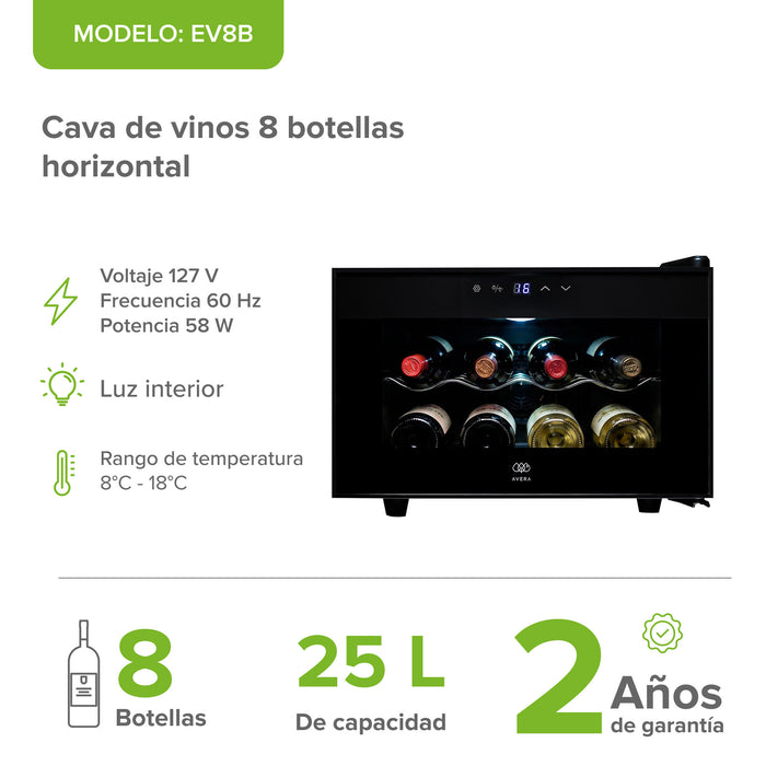 Cava de vinos horizontal para 8 botellas con panel digital, enfriamiento termoeléctrico y luz interior.