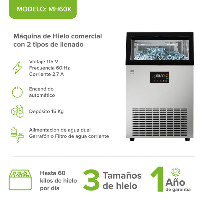 Máquina de hielo comercial con 2 tipos de llenado - hasta 60 kg al día y 15 kg de depósito