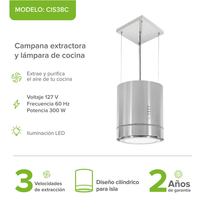 Campana de cocina para isla colgante cilíndrica 38 cm con lámpara decorativa, 850 m3/h de extracción acero inoxidable