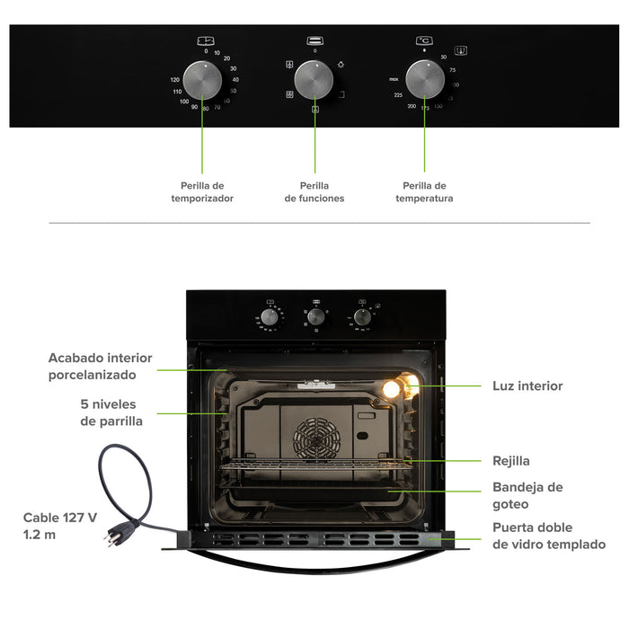 Infografía de horno eléctrico empotrable con 67L, perillas de control, luz interior y cable de 127V para cocina.