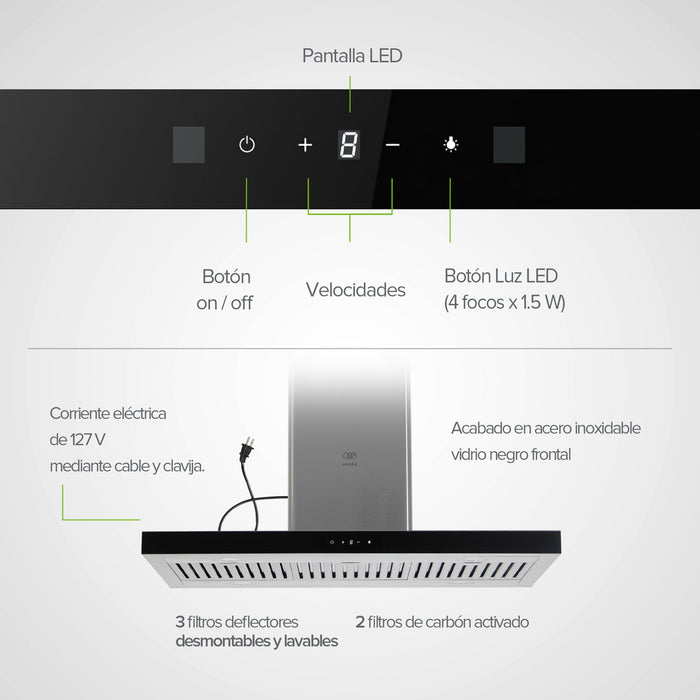 Campana de cocina de isla tipo T 90 cm acero inoxidable con tecnología sin contacto
