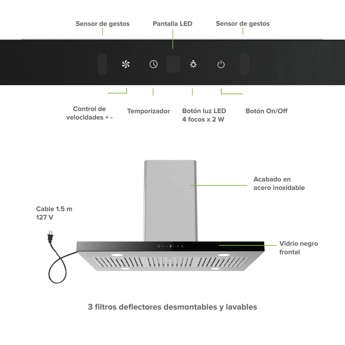 Campana de cocina para isla tipo T 76 cm, 800 m3/h de extracción control táctil y de gestos, acero inoxidable