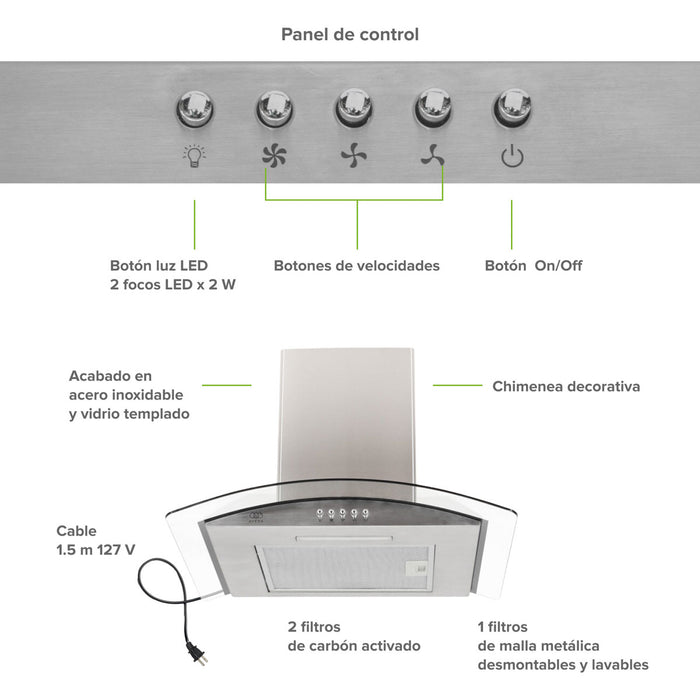 Campana de cocina de pared 60 cm en acero inoxidable y vidrio templado