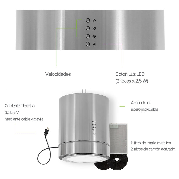 Campana de cocina para isla colgante cilíndrica 38 cm con lámpara decorativa, potencia motor 300 W acero inoxidable