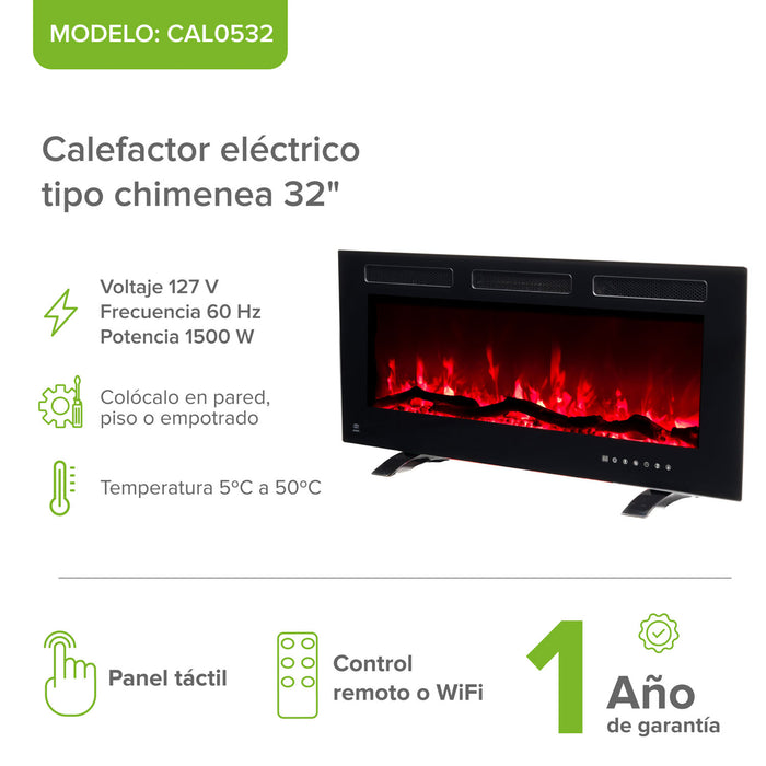 Calefactor eléctrico tipo chimenea 32" 81 cm con WiFi - cobertura 30m2