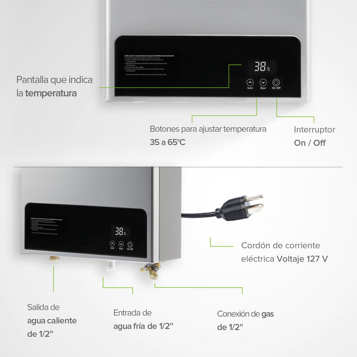 Calentador de agua instantáneo modulante para gas LP 10 Litros/Minuto, 2 Servicios