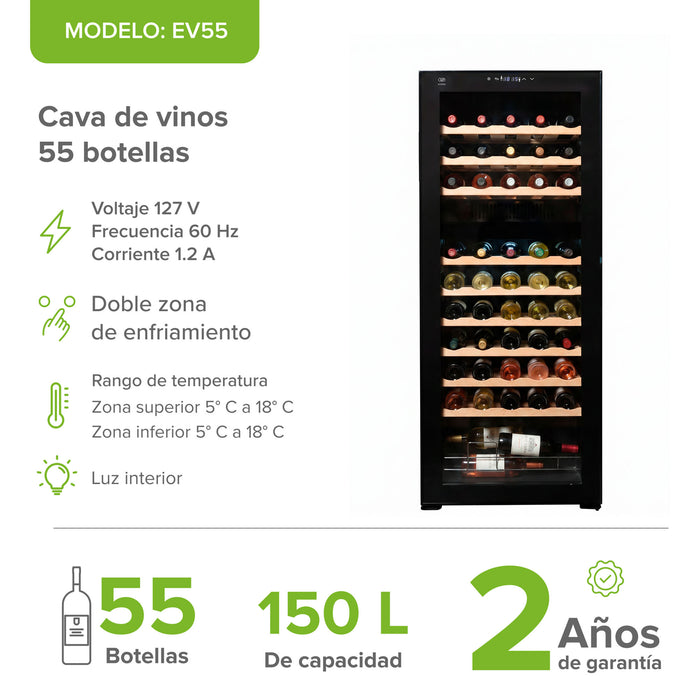 Cava de vinos Avera para 55 botellas con doble zona de enfriamiento, estantes de madera y luz interior de 150L.
