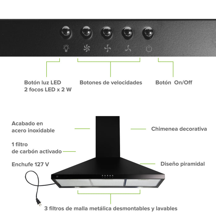 Campana de cocina de pared piramidal 90 cm en acero inoxidable - negro