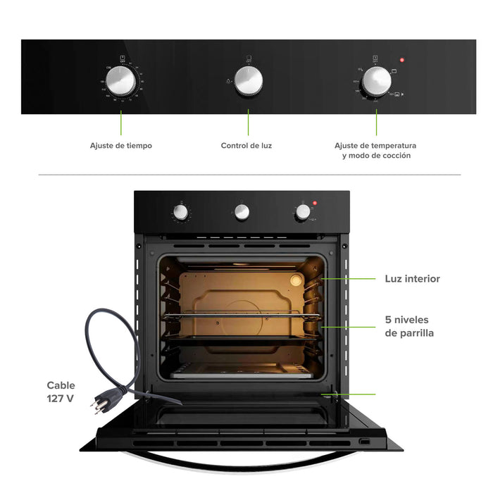 Horno empotrable mixto gas LP y eléctrico 127 V 60 cm con 3 perillas 58 L