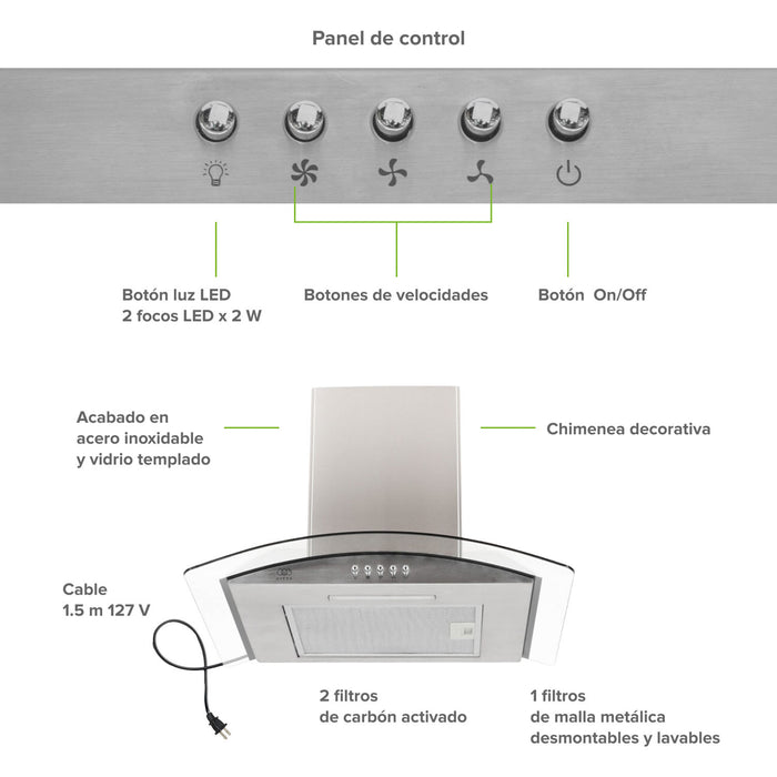 Campana de cocina de pared 60 cm en acero inoxidable y vidrio templado