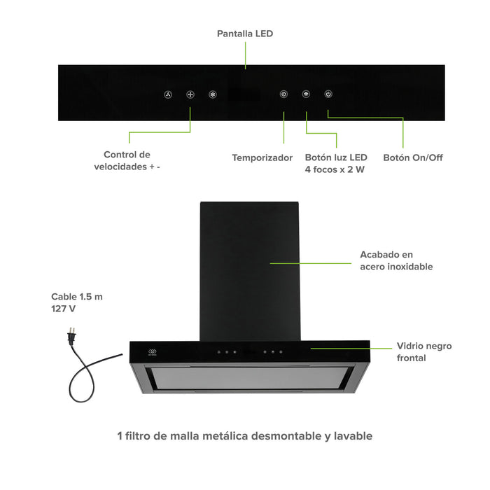 Campana de cocina para isla tipo T 76 cm, 780 m3/h de extracción control táctil y WiFi con temporizador, acero inoxidable - negro