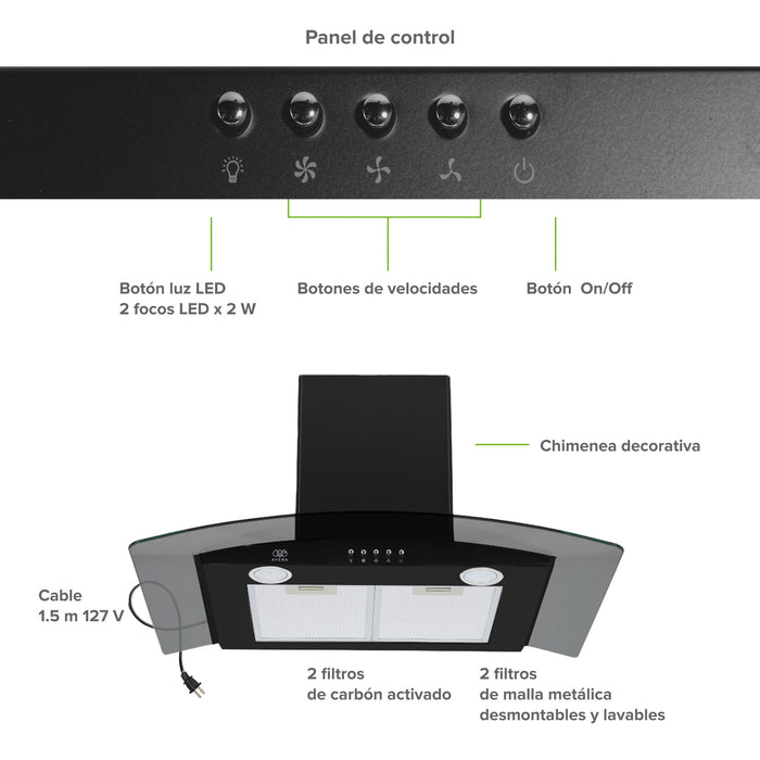 Campana de cocina de pared 90 cm en acero inoxidable y vidrio templado - negro