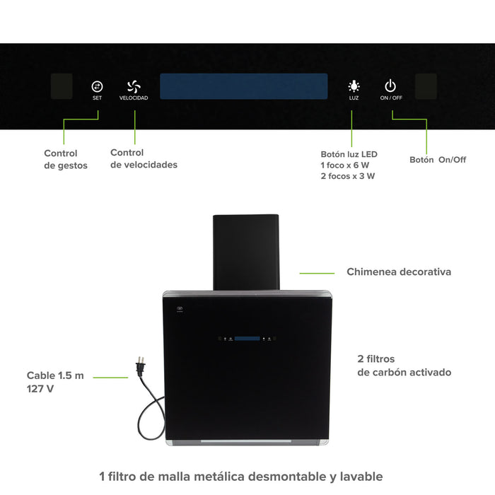 Campana de cocina de pared 60 cm de vidrio templado con tecnología sin contacto - negro