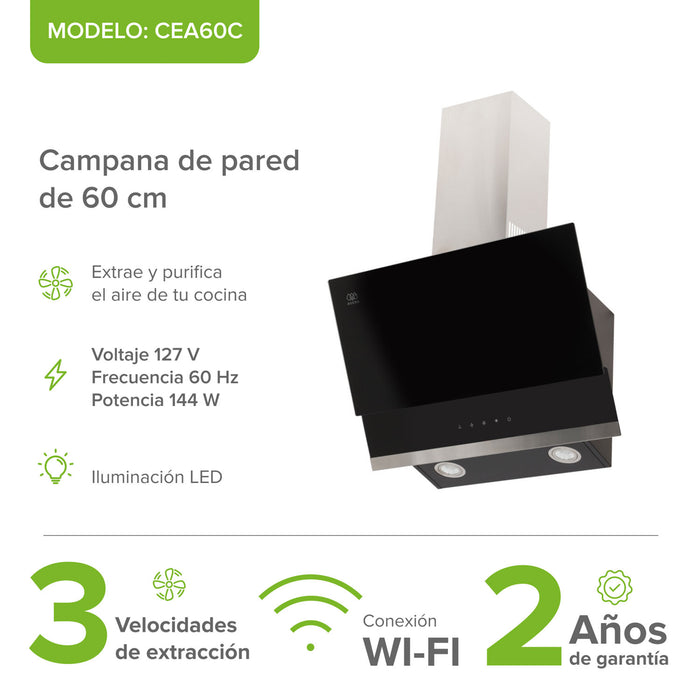 Campana de cocina de pared inclinada 60 cm, 500 m3/h de extracción control táctil y WiFi, vidrio templado - negro