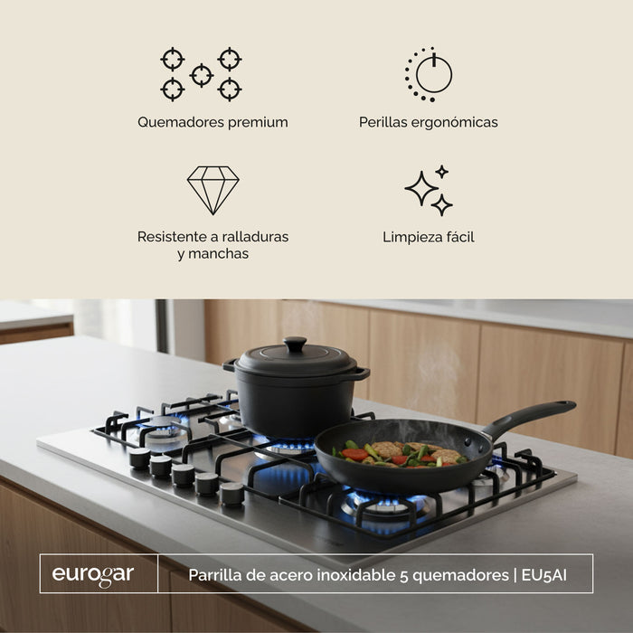 Parrilla de gas 5 quemadores 76 cm en acero inoxidable