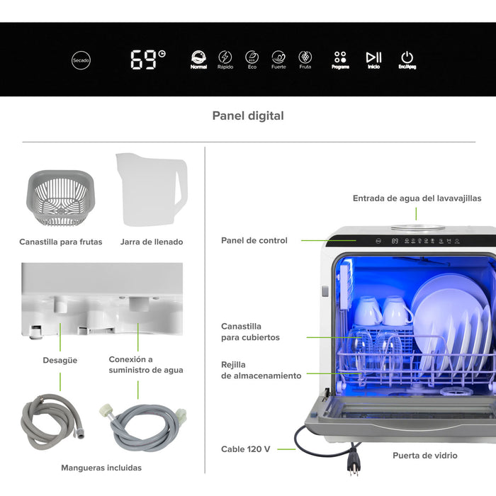 Lavavajillas portátil 5 L, 4 servicios, 5 programas de lavado
