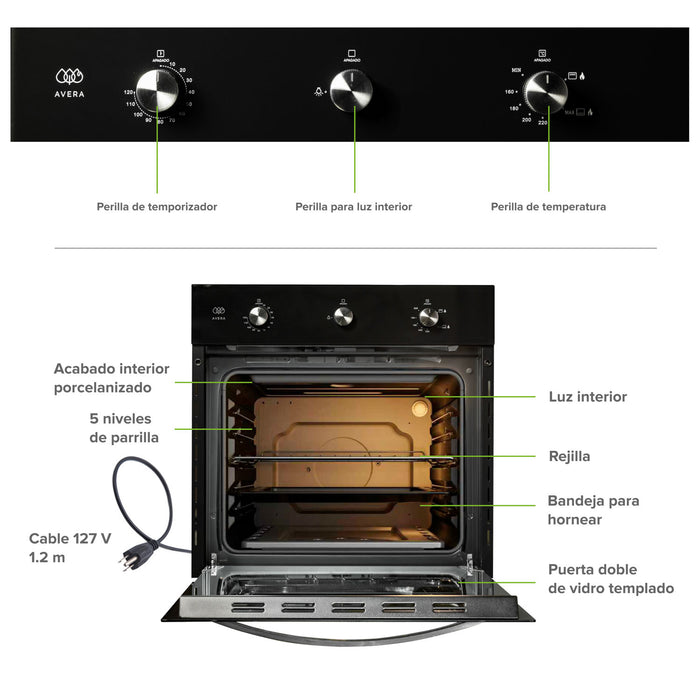 Horno de gas empotrable 60cm Avera con interior porcelanizado, 5 niveles de parrilla y perillas de control.