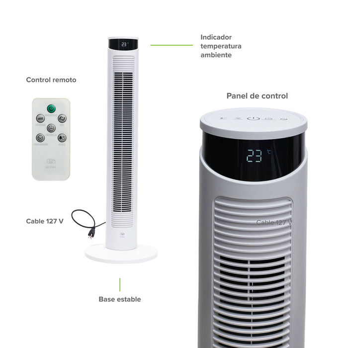 Ventilador de torre digital Avera blanco con panel LED de temperatura, control remoto y base estable.