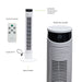 Ventilador de torre digital Avera blanco con panel LED de temperatura, control remoto y base estable.