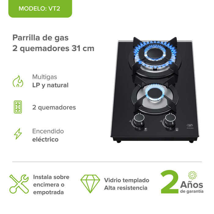 Parrilla de gas 2 quemadores 31 cm en vidrio templado con soporte circular - negro