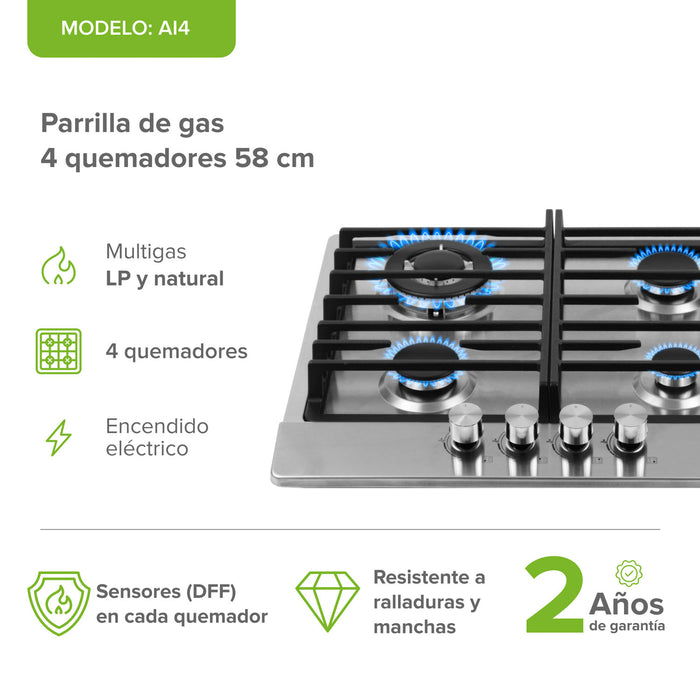Parrilla de gas 4 quemadores 58 cm en acero inoxidable con perillas centrales