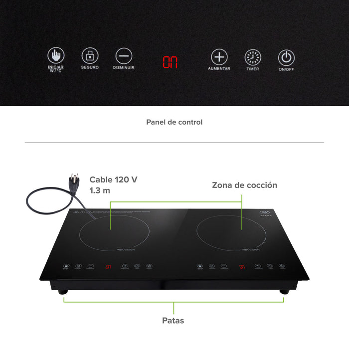 Parrilla de inducción 2 quemadores 68 cm horizontal 2000 W 120 V