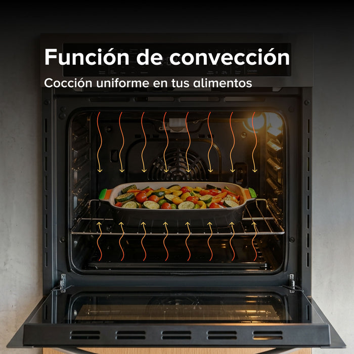 Horno a gas con función de convección cocinando vegetales para una cocción uniforme y precisa.