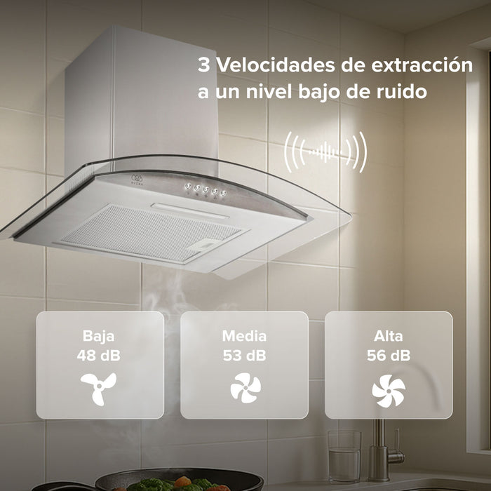 Campana de cocina de pared 60 cm en acero inoxidable y vidrio templado