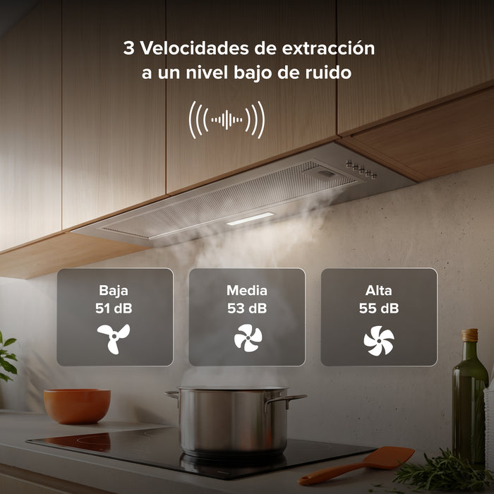 Campana de cocina empotrable oculta 80 cm, 270 m³/h de extracción, acero inoxidable