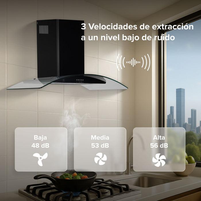 Campana de cocina de pared 90 cm en acero inoxidable y vidrio templado - negro