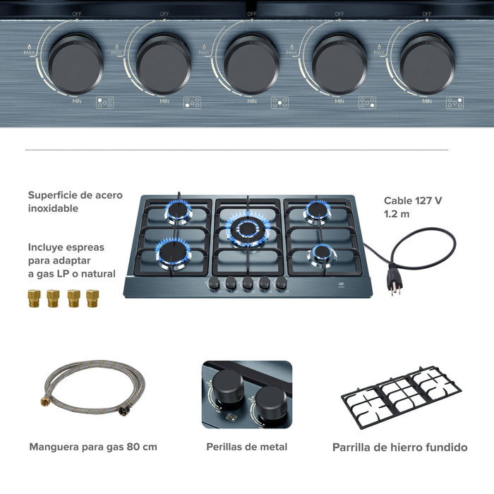 Parrilla de gas de acero inoxidable negro con 5 quemadores encendidos, perillas metálicas y accesorios incluidos.
