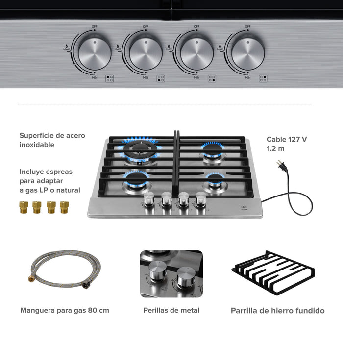 Combo Parrilla de gas 4 quemadores 58 cm perillas centrales + Campana de pared 60 cm