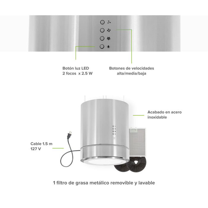 Campana de cocina para isla colgante cilíndrica 38 cm con lámpara decorativa, 850 m3/h de extracción acero inoxidable
