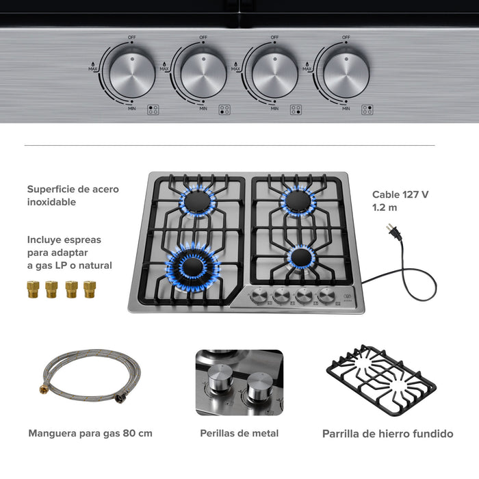 Parrilla de gas 4 quemadores 59 cm en acero inoxidable