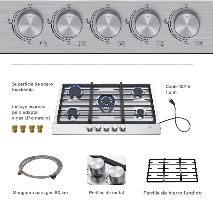 Combo Parrilla de gas 5 quemadores + Campana pared con cristal templado 76 cm