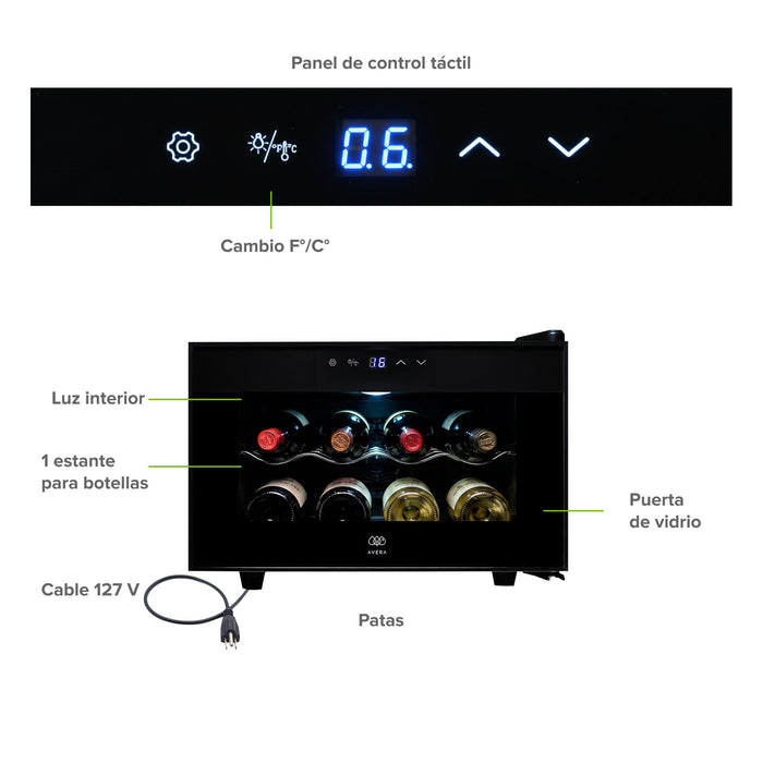 Cava de vinos termoeléctrica para 8 botellas con panel táctil, puerta de vidrio y luz interior.
