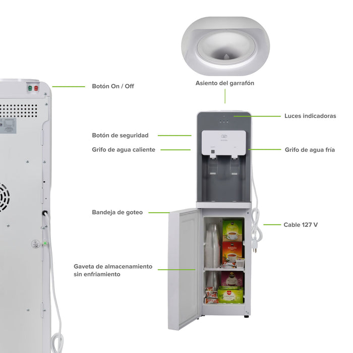 Dispensador de agua fría y caliente para garrafón de hasta 20 L con gabinete de almacenamiento