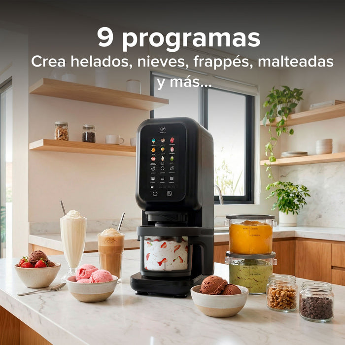 Máquina de helados Avera MHM01 negra con panel táctil de 9 programas en cocina con gelatos y malteadas.