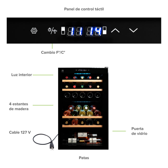 Panel digital y vista interna de cava de vinos Avera para 33 botellas con estantes de madera y luz LED.
