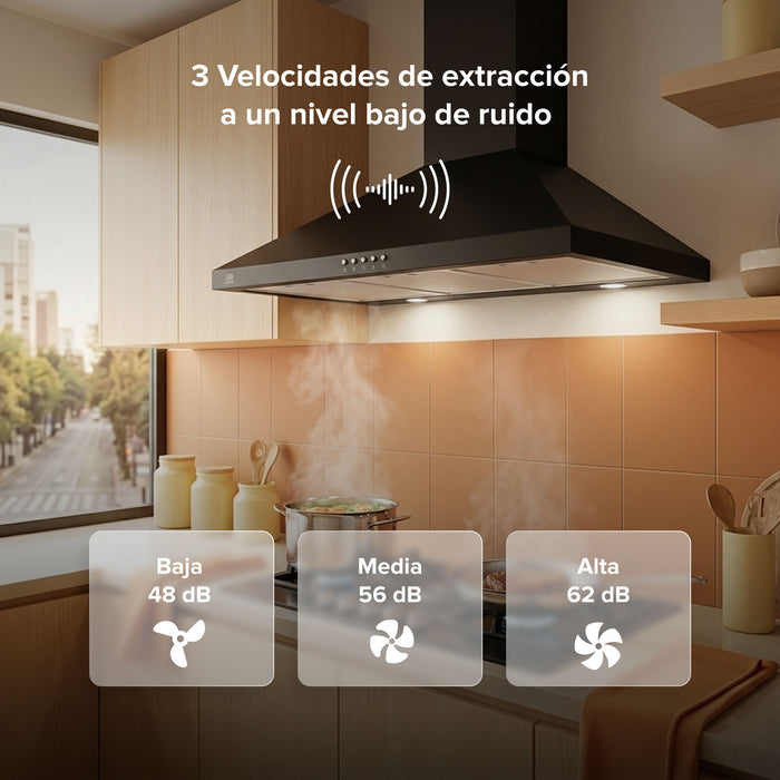 Campana de cocina de pared piramidal 76 cm en acero inoxidable, potencia motor 140 W - negro